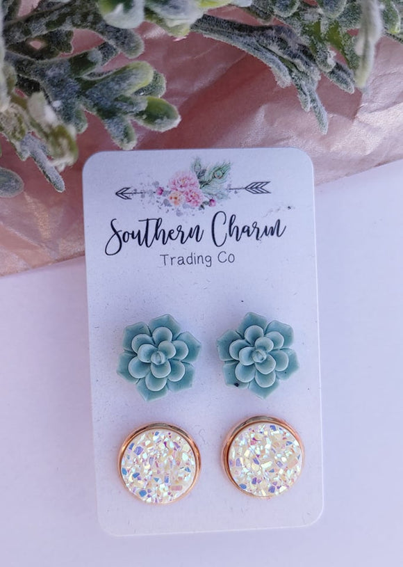 Sage Succulent & White Duo Earrings